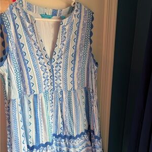Tori Richard Blue & White Sleeveless Printed Dress